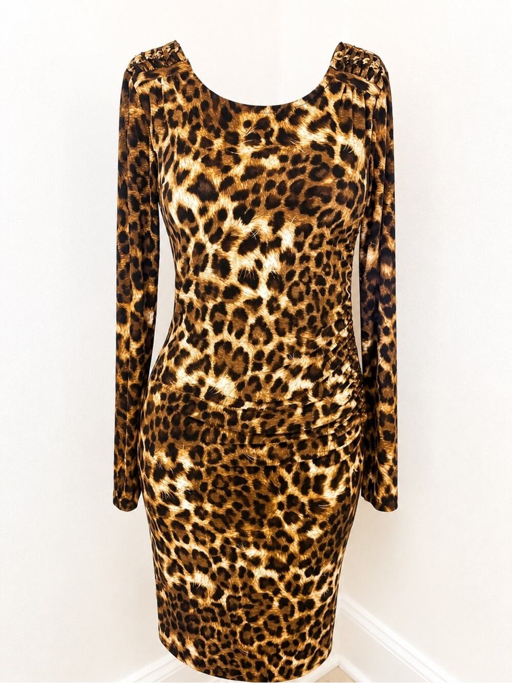 Jubilant Leopard Print Ruched Bodycon Dress Gold Chain Shoulders NWT Small
